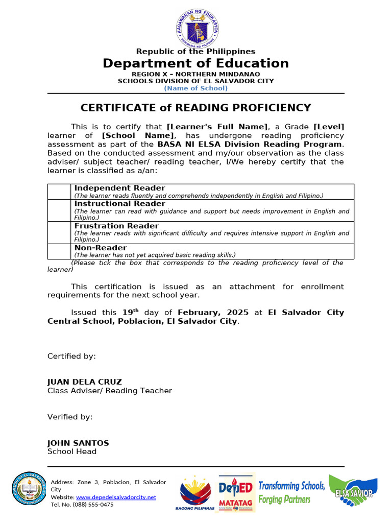 Reading Proficiency Certificate | PDF