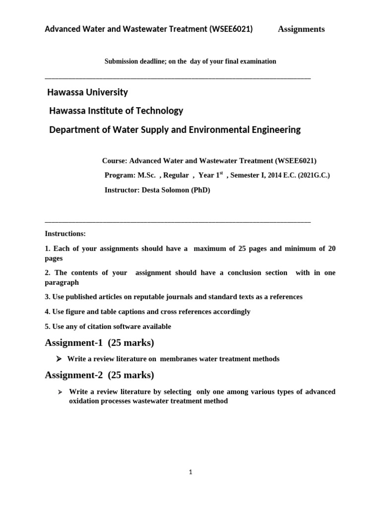 Advanced Water and Wastewater Treatment Assignement | PDF