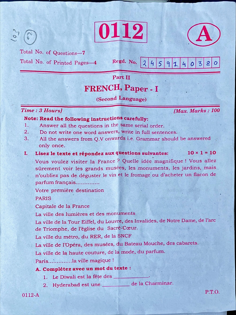 French Year 1 Board Paper | PDF
