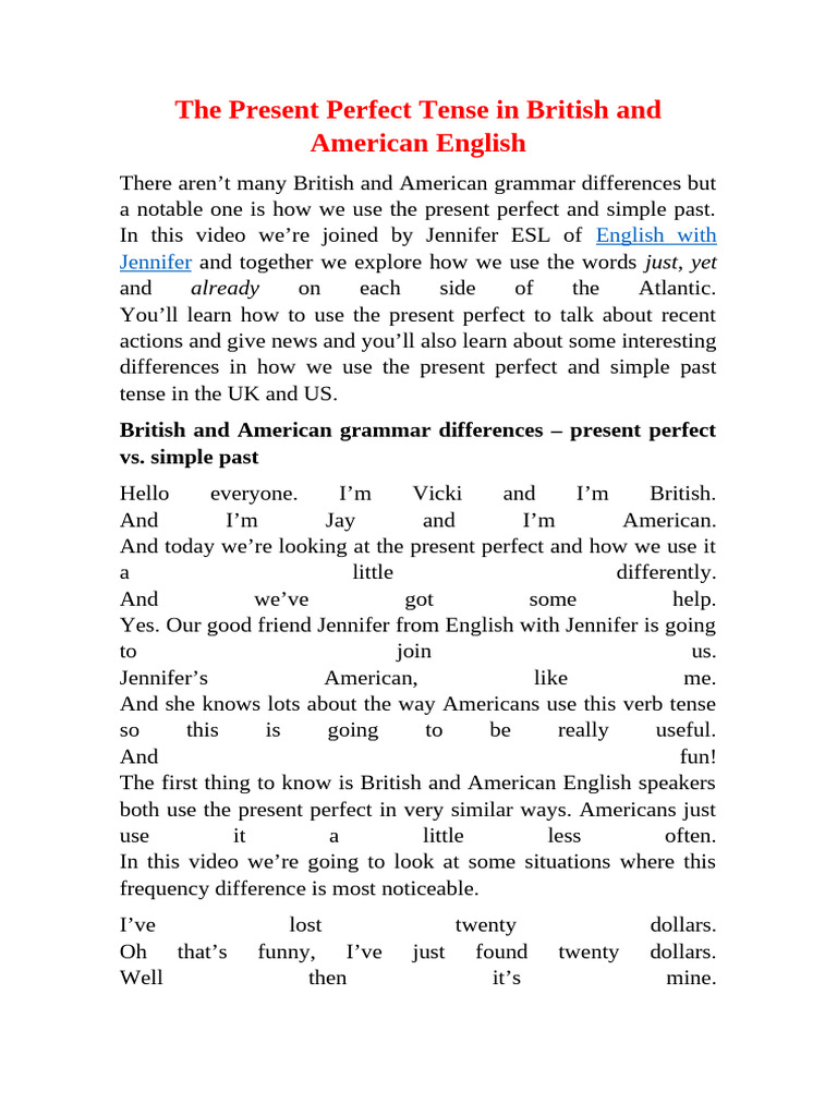 The Present Perfect Tense in British and American English | PDF ...