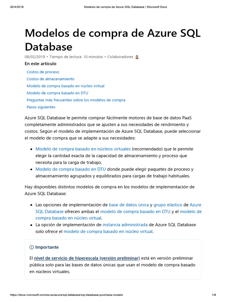 Modelos de Compra de Azure SQL Database - Microsoft Docs | PDF | Bases ...