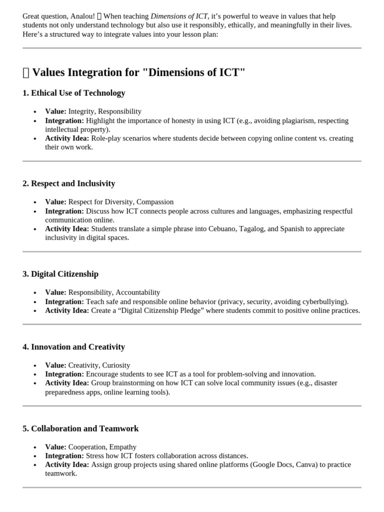 Intergration of Values (Ict) | PDF | Information And Communications ...