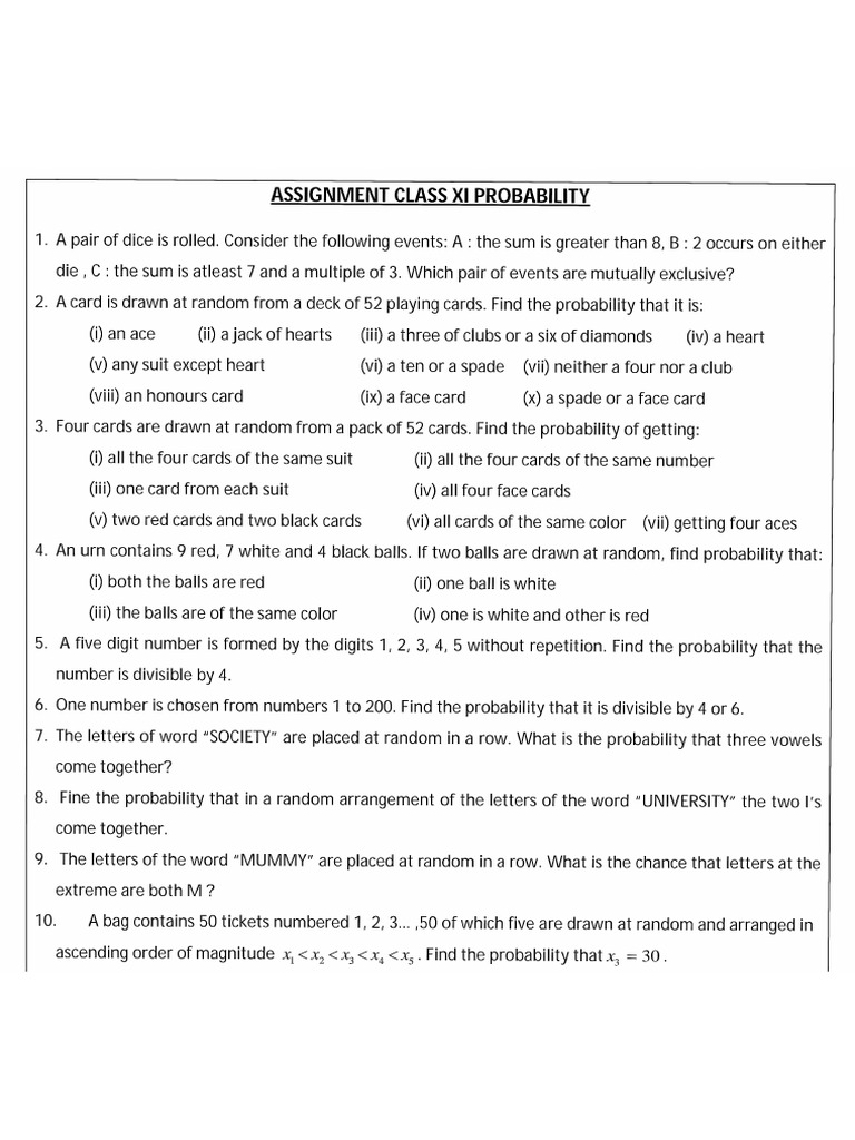 Assignment Class Xi Probability | PDF