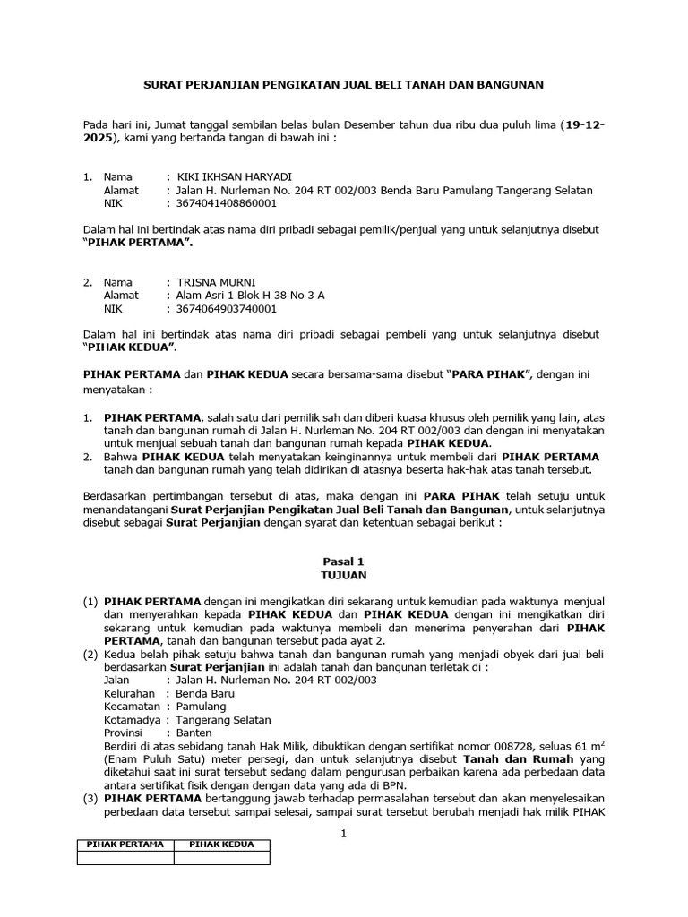 Surat Perjanjian Perikatan Jual Beli Tanah Dan Bangunan Ibu Euis | PDF