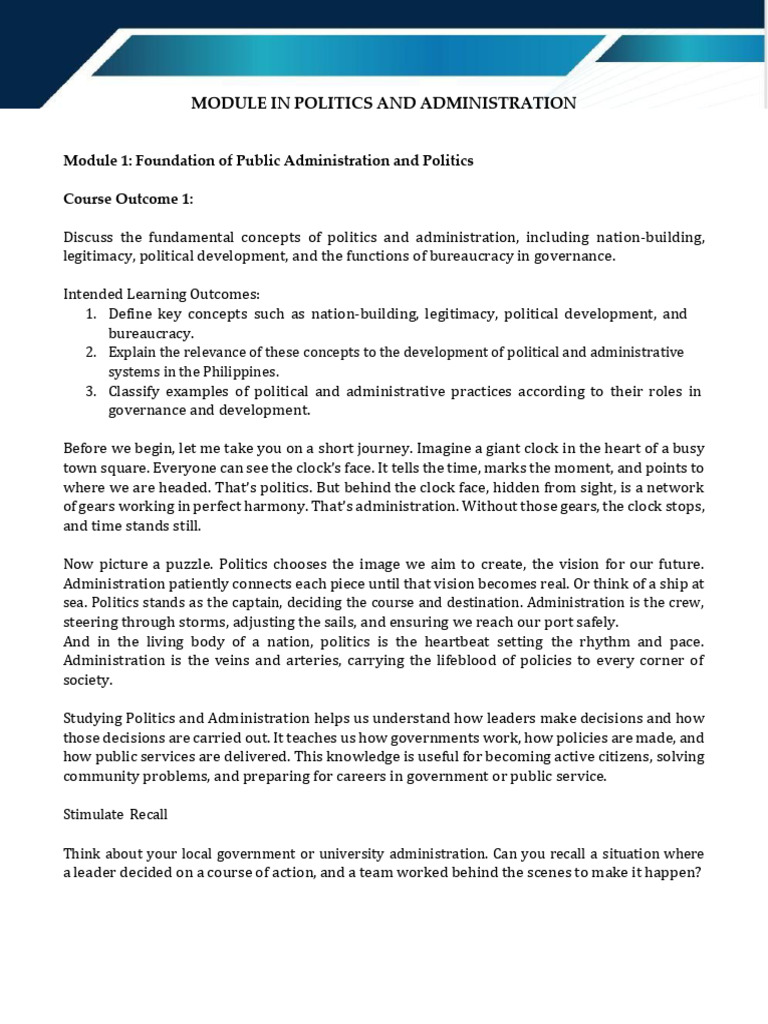 Module in Politics and Administration | PDF | Governance | Policy