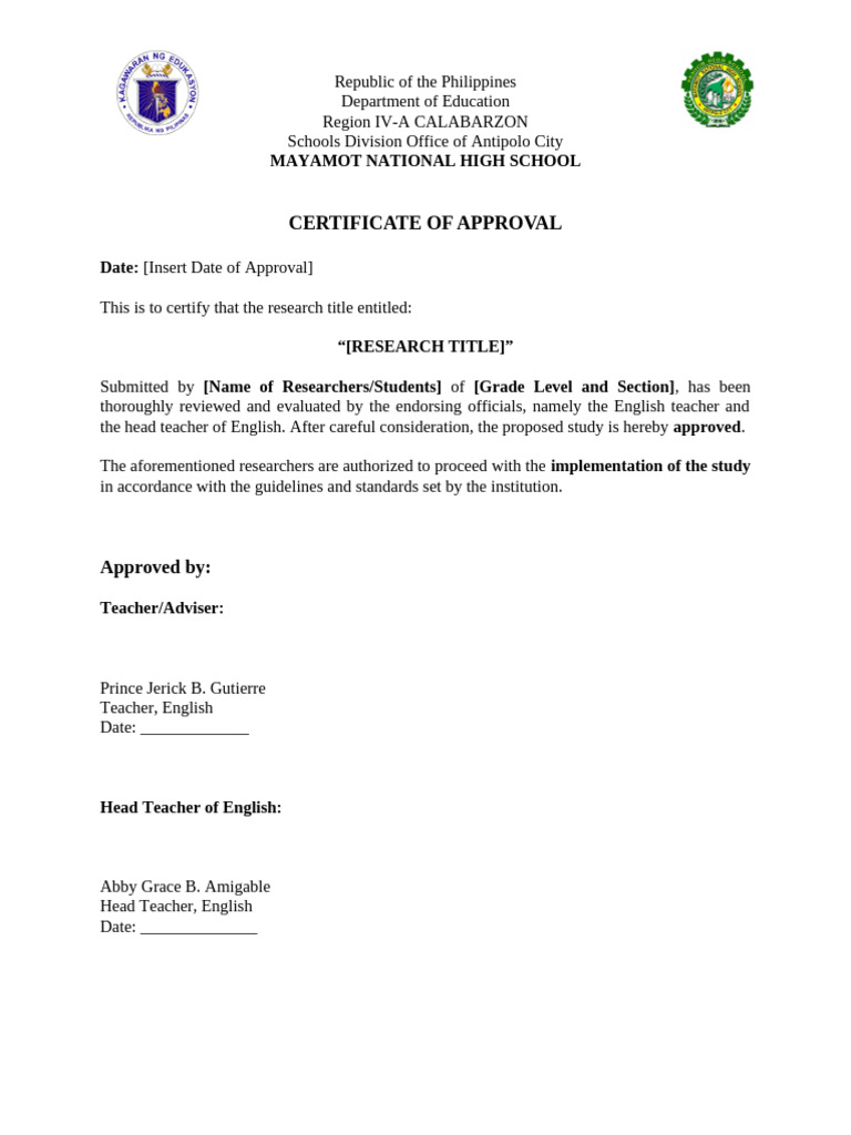 Certificate of Approval For Research Title and Validation of ...