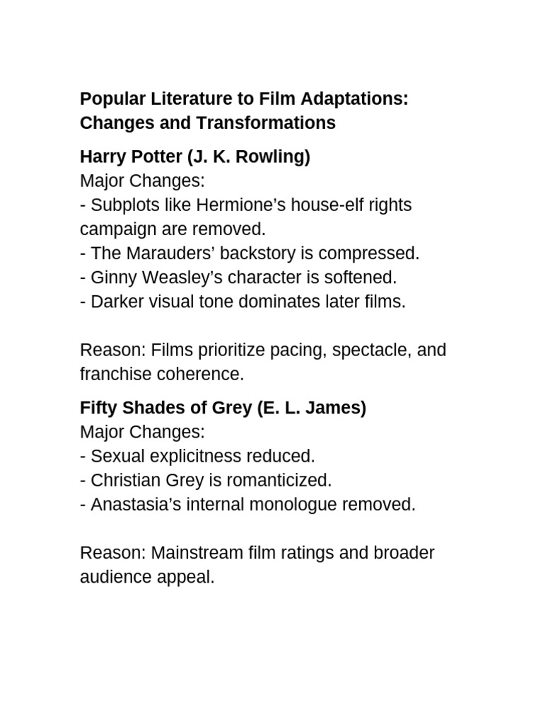 Popular Literature Film Adaptations | PDF