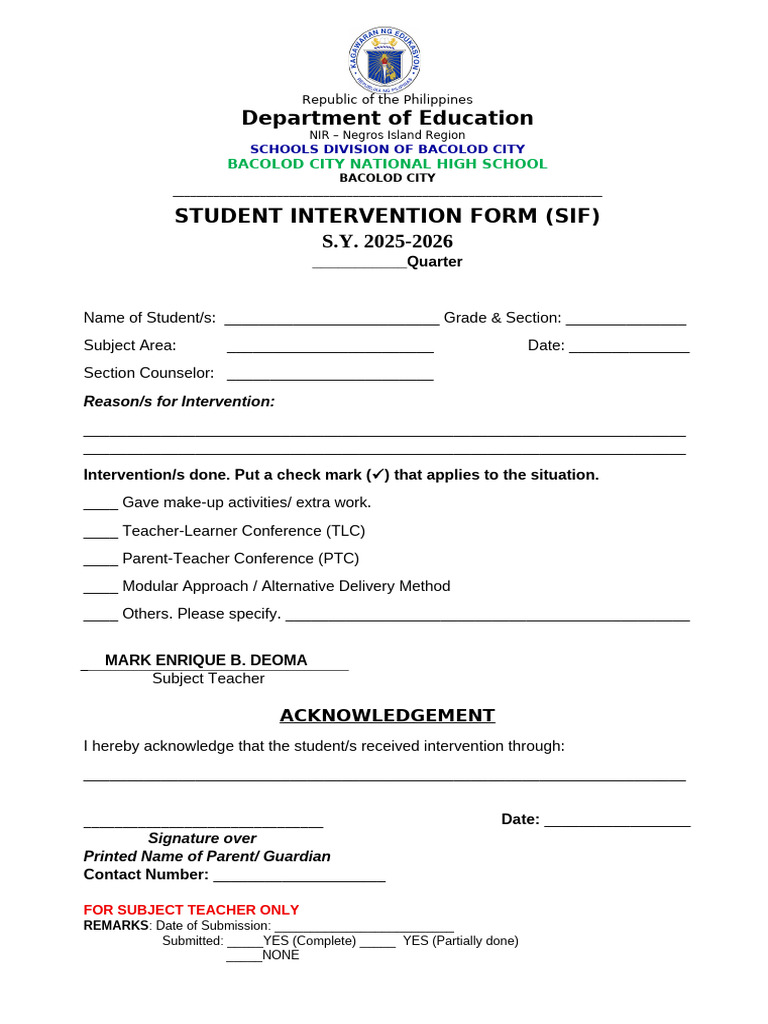 Student Intervention Form Blank | PDF