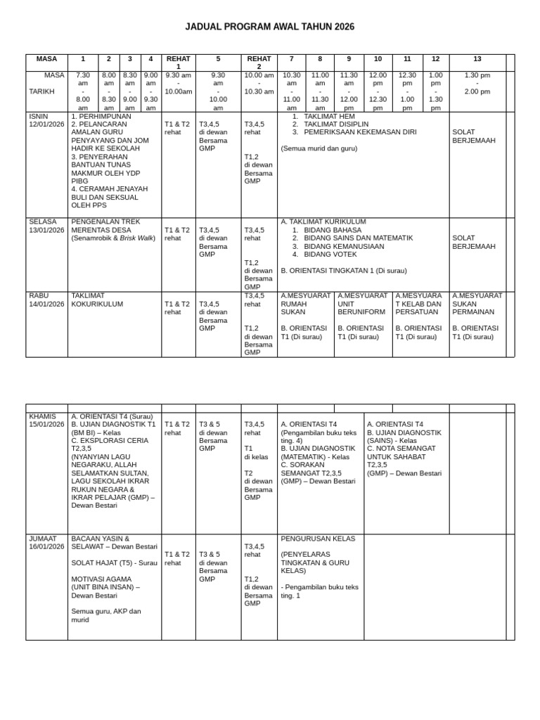 Cadangan Jadual Program Awal Tahun 2026 | PDF