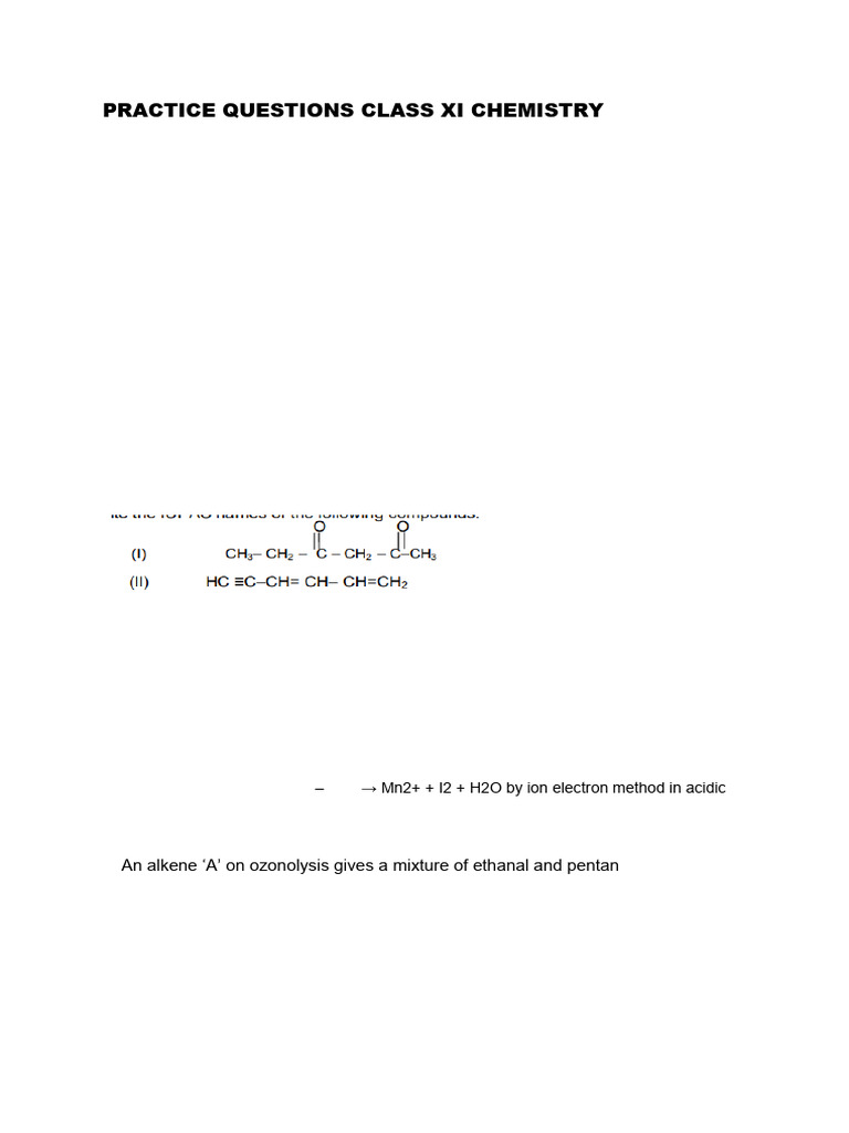 Practice Questions Class Xi Chemistry | PDF | Chemical Compounds | Redox