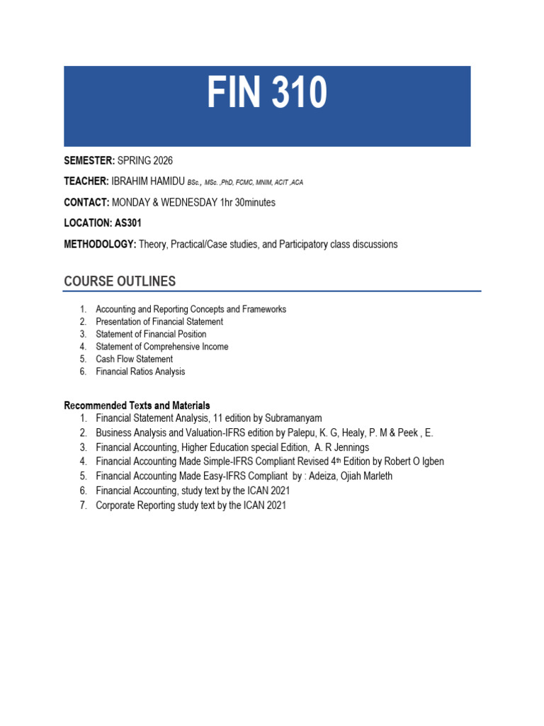 Fin 310 Course Outline | PDF