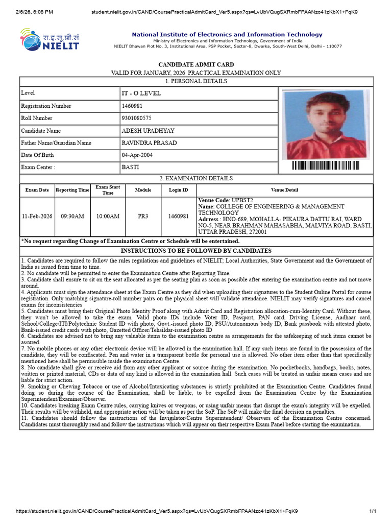 Adesh o Level Practical Admit Card | PDF