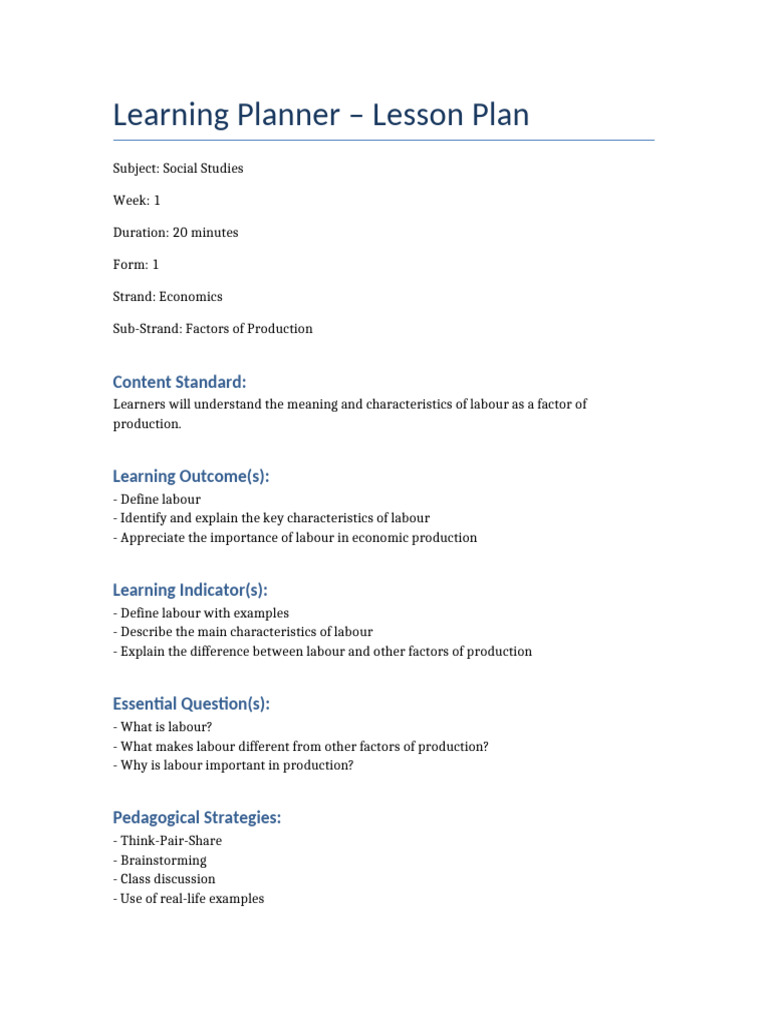 Labour Lesson Plan | PDF | Learning | Lesson Plan
