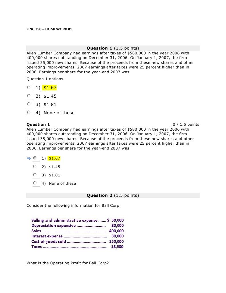 FINC 350 Homework Questions and Answers | PDF | Balance Sheet | Income ...
