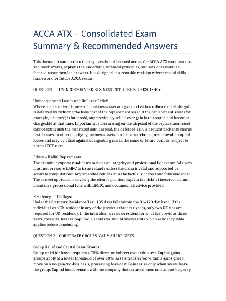 ACCA ATX Consolidated Revision Summary | PDF | Capital Gains Tax ...