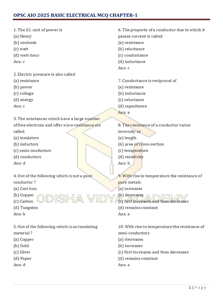 Opsc Aio Basic Electrical Chapter-1 MCQ | PDF | Electrical Resistance ...