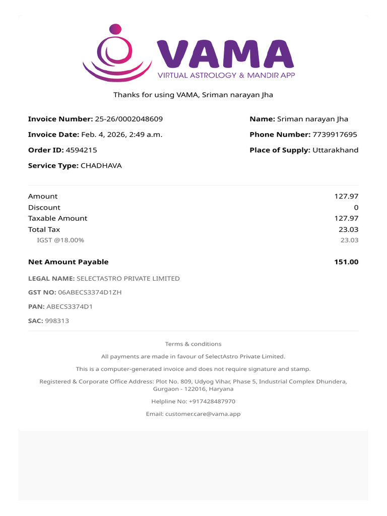 VAMA Chadhava 2048609 Invoice | PDF