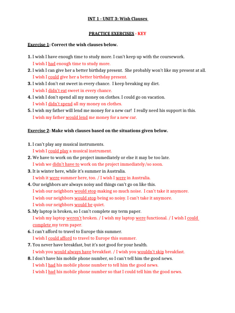 Int 1 - Unit 3 (Wish Clauses) - Key | PDF