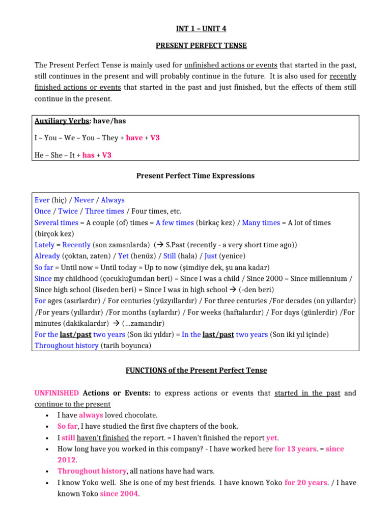 INT 1 - UNIT 4 Present Perfect Tense 1-2 | PDF | Grammatical Tense ...