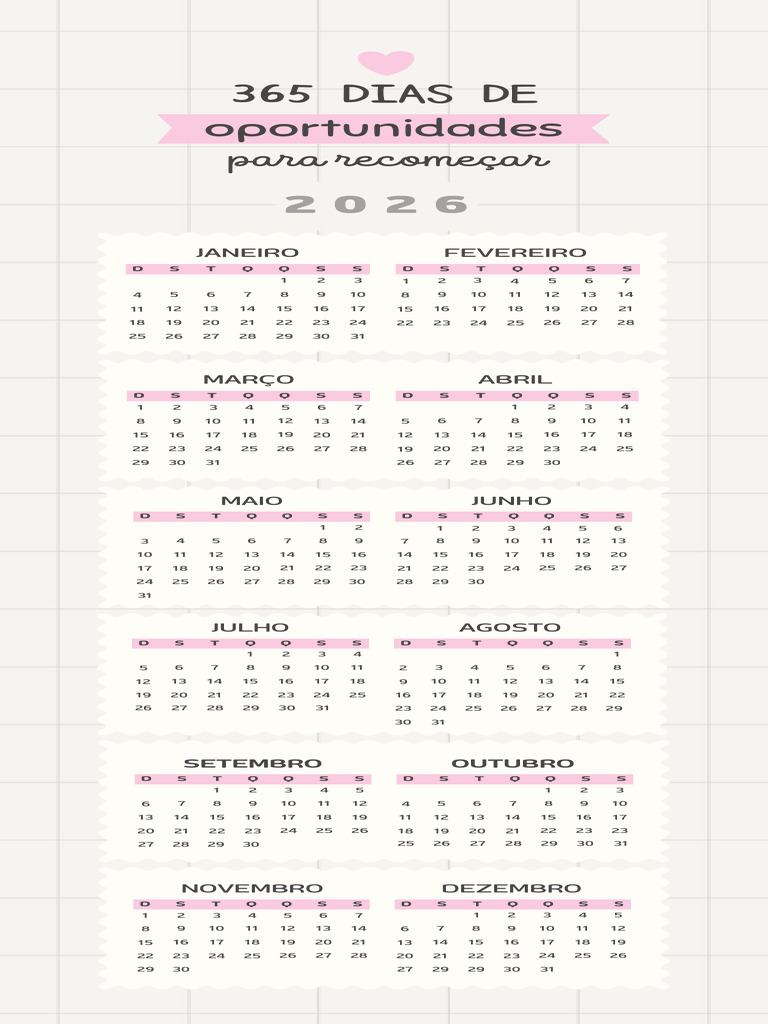 Rosa e Branco Delicado Frase 365 Dias Calendário 2026 Marcador de ...