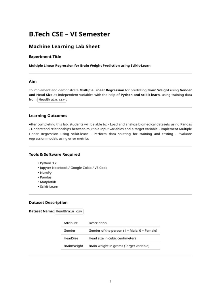 Lab Sheet - Multiple Linear Regression - Brain Weight Prediction | PDF ...