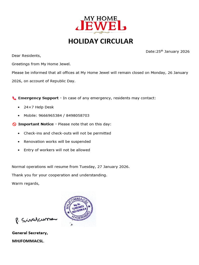 Republic Day Holiday Circular 2026 | PDF