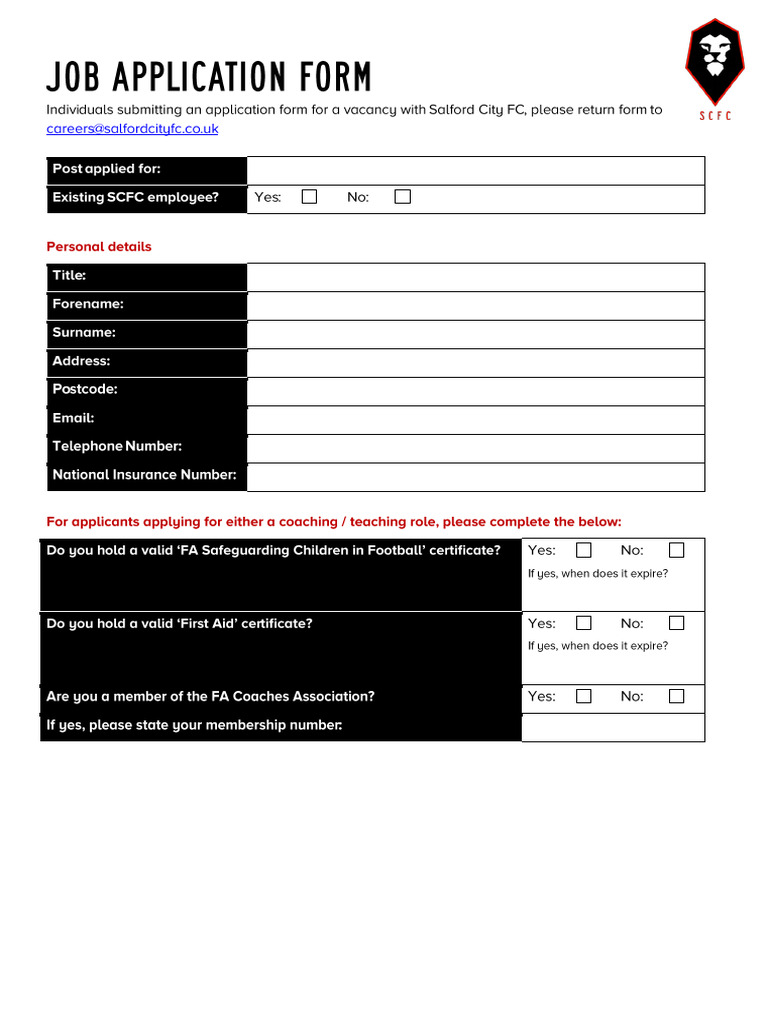 Salford FC Job Application Form | PDF
