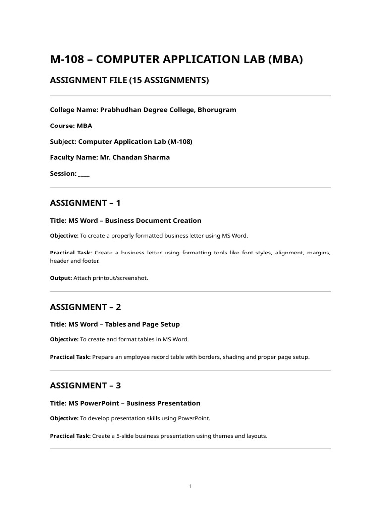 M-108 Computer Application Lab - Assignment File (15 Assignments) | PDF ...