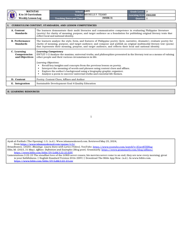 DLL Matatag - English 7 Q1 W3 2 | PDF | Word | Poetry