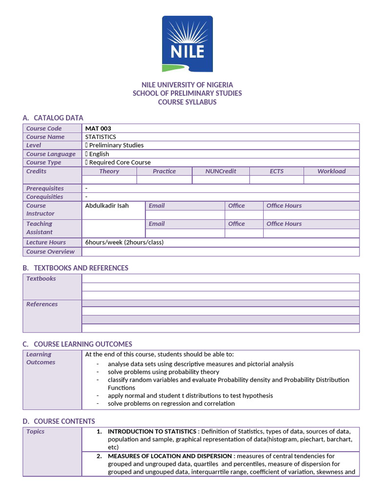 Course Syllabus MAT003 | PDF | Probability Distribution | Normal ...