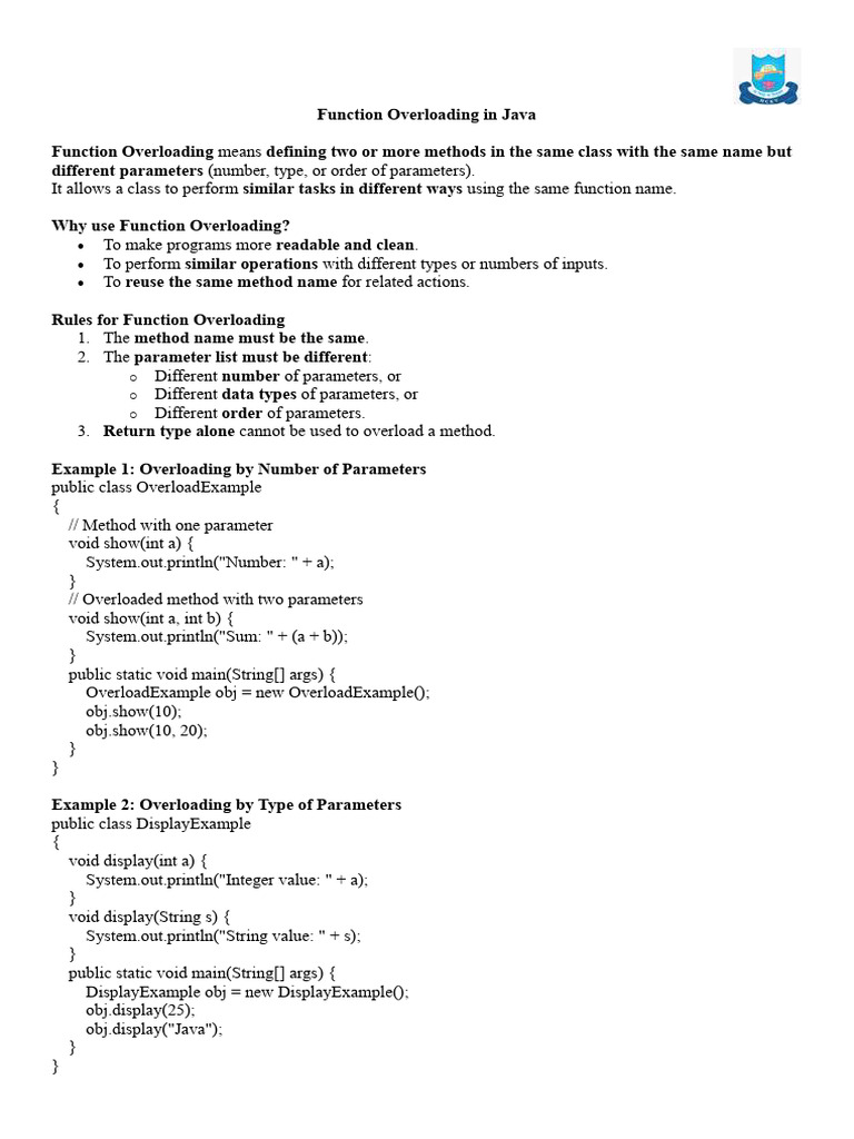 Notes On Function Overloading and Practice Work For Class X | PDF ...