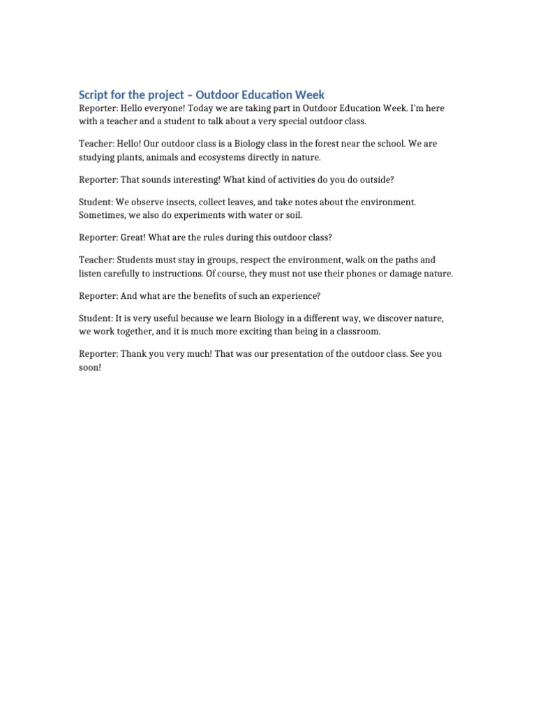 Outdoor Education Week Script | PDF