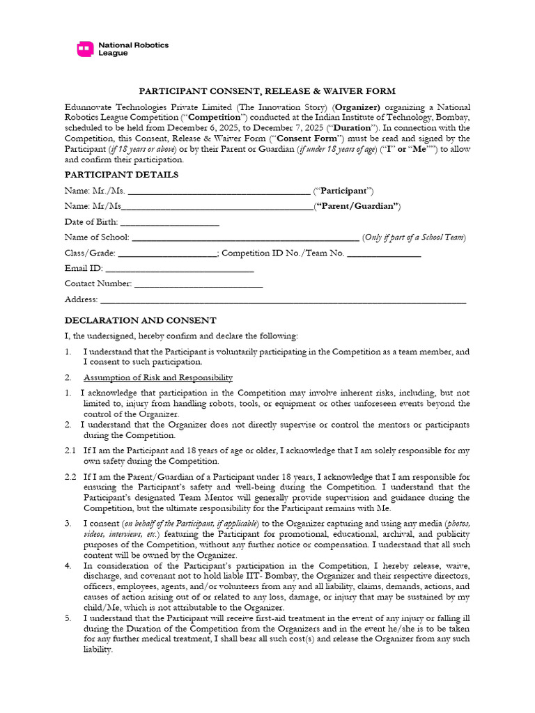 Participant Consent, Release & Waiver Form_v2 _NRL | PDF | Indemnity