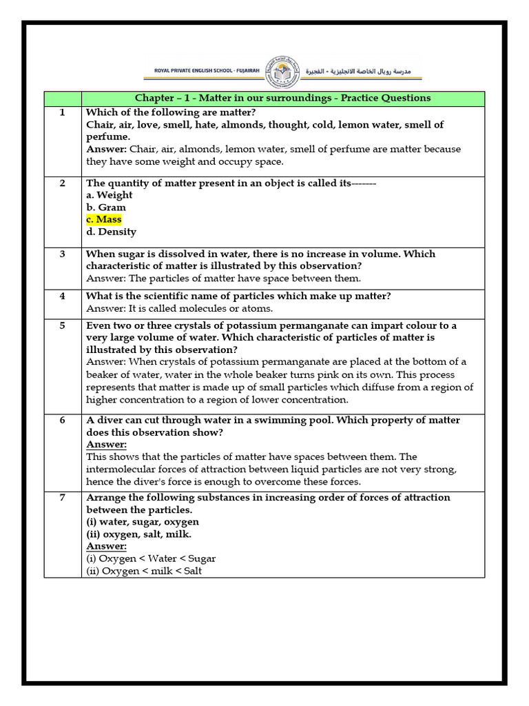 Practise Questions - Chapter - 1 | PDF | Matter | Water