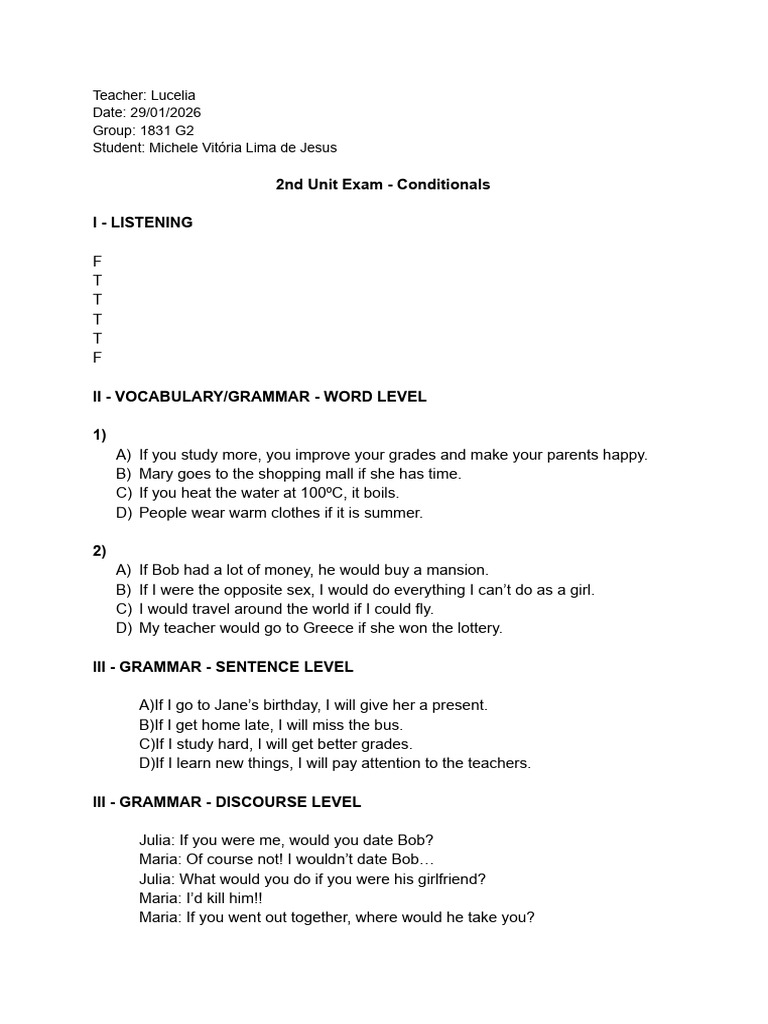 2nd Unit Exam - Conditionals | PDF