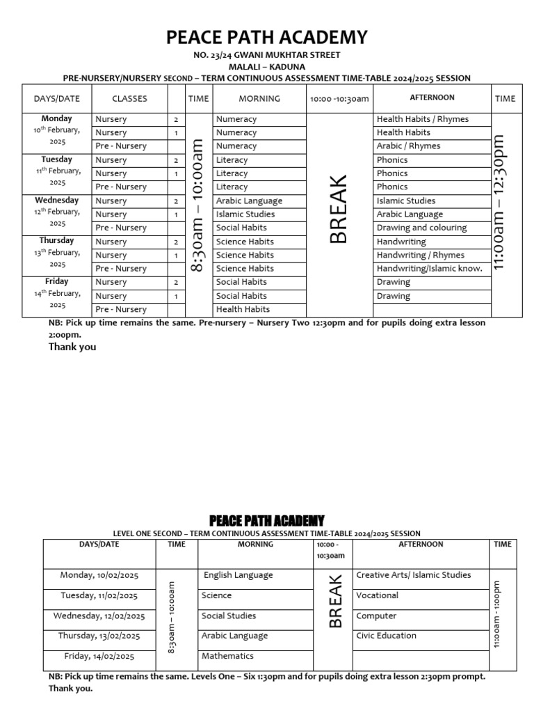 2nd Term C.A Time Table 2024-2025 Session | PDF | Reading (Process)