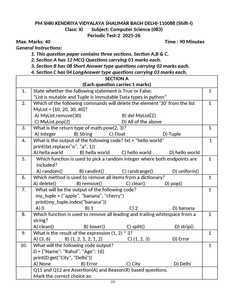 Xi Cs Pt2 2025-26 KV SB Shift-1 Jan 2026 | PDF | String (Computer ...