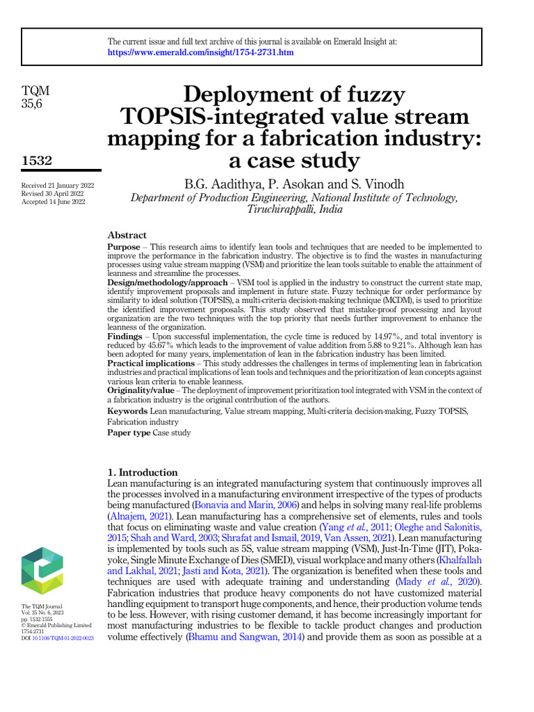 Deployment of Fuzzy TOPSIS-Integrated Value Stream Mapping For A ...