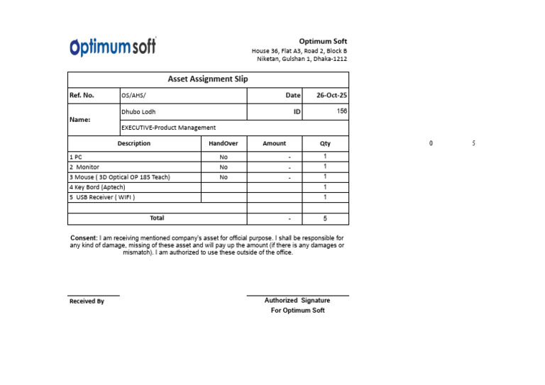 Asset Assignment Slip - XLSX - Dhrubo Lodh | PDF