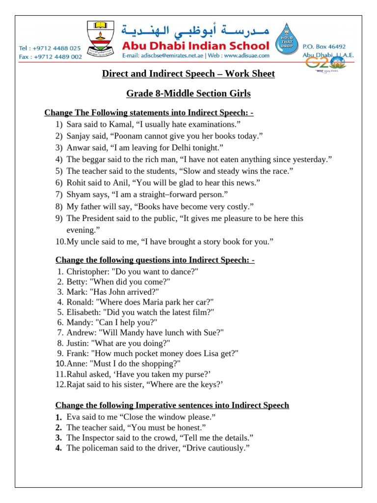Direct and Indirect Speech Worksheet | PDF | Chess | Chess Openings