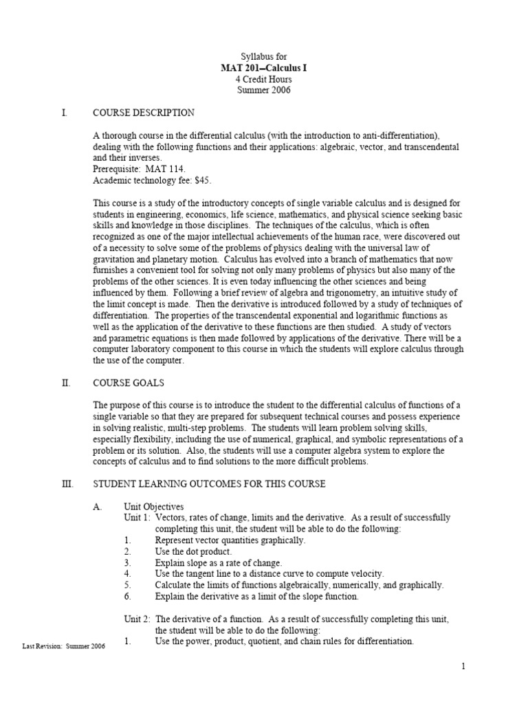 MAT 201 Calculus I Syllabus S2006 | PDF | Derivative | Function ...