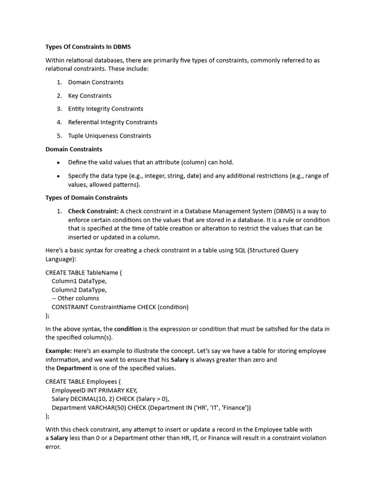 Types of Constraints in DBMS | PDF | Relational Database | Software Design