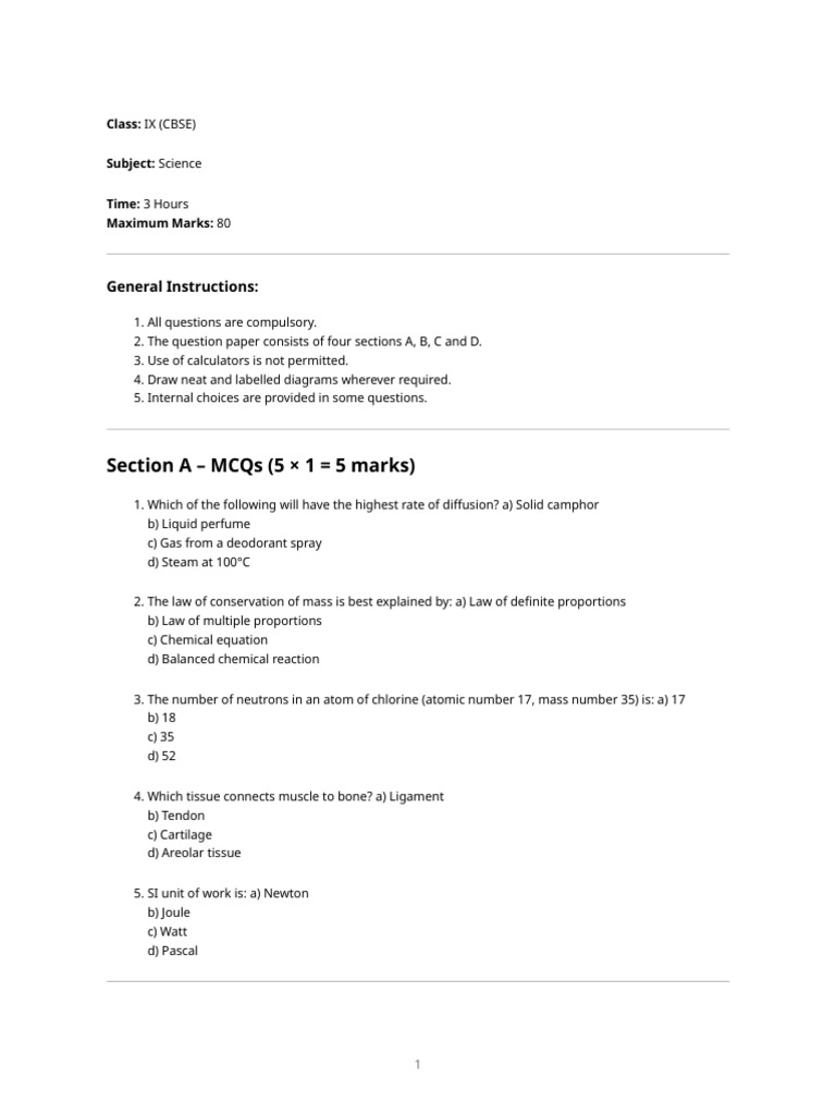 Class 9 Cbse Science - Hard Question Paper (80 Marks) | PDF ...