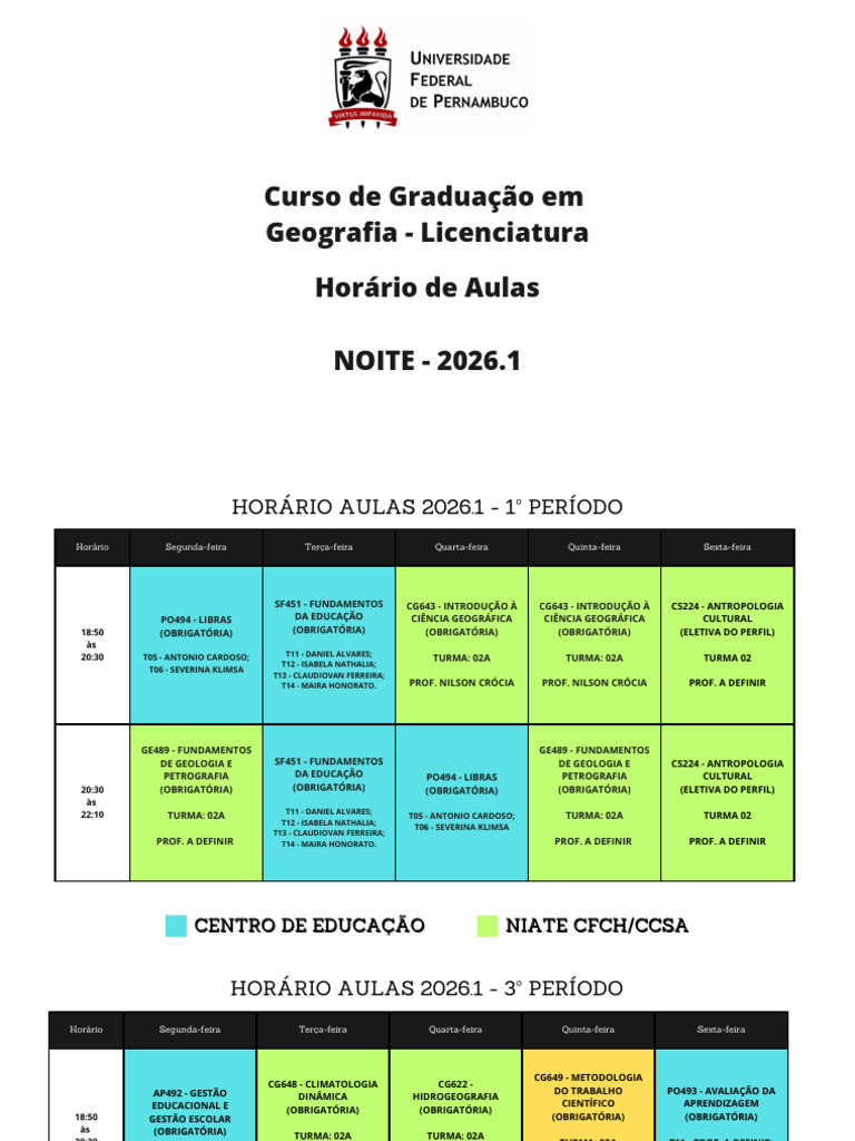 Horários 2026.1 - Licenciatura Noite | PDF | Science | Ciências naturais