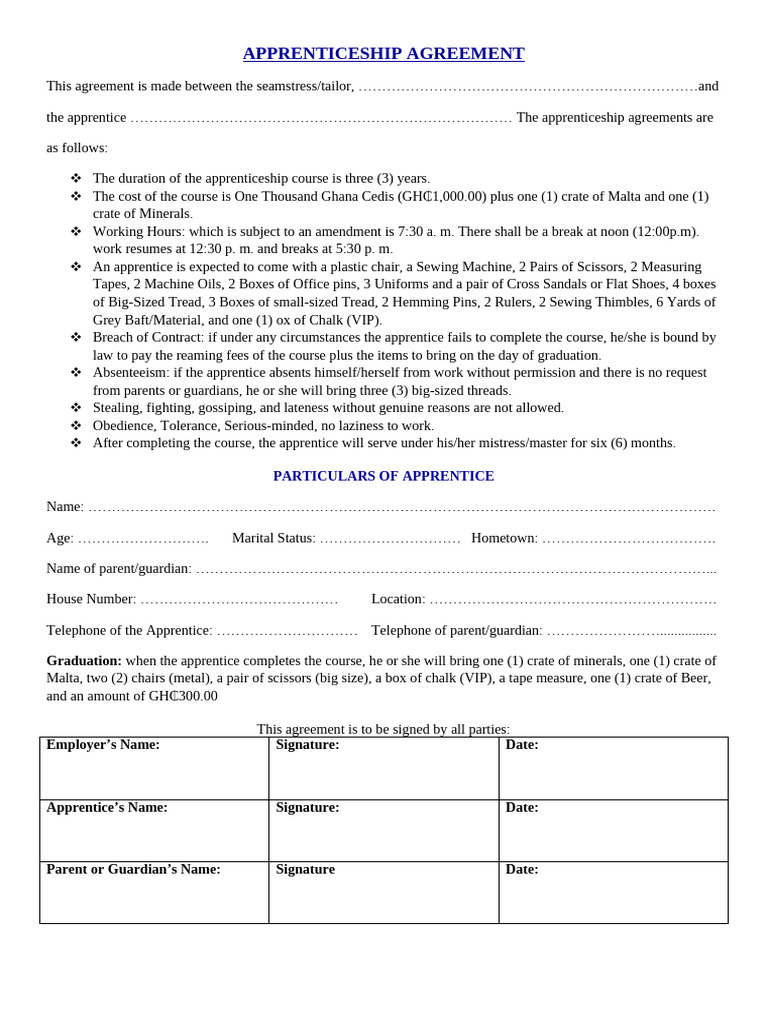 Apprenticeship Agreement | PDF | Sewing