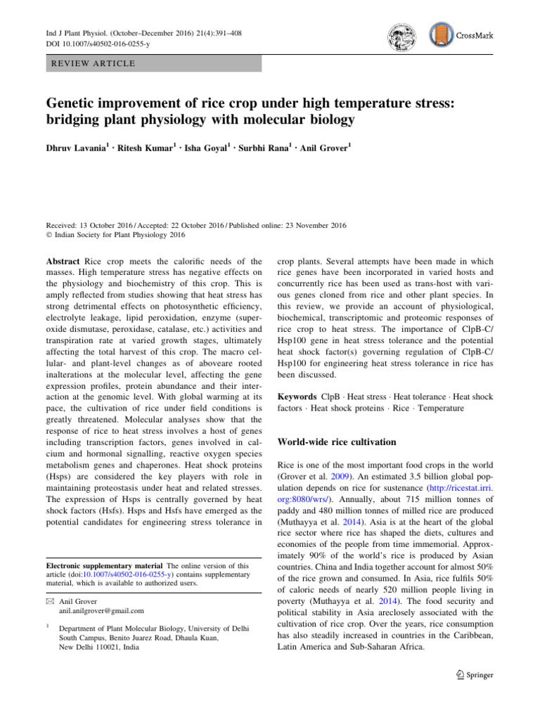 Genetic Improvement of Rice Crop Under High Temperature Stress | PDF ...
