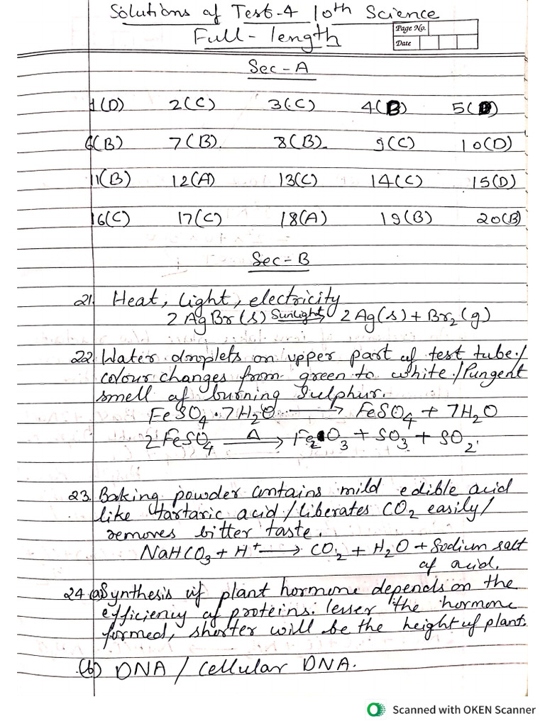 Test- 4 Solutions of Science | PDF