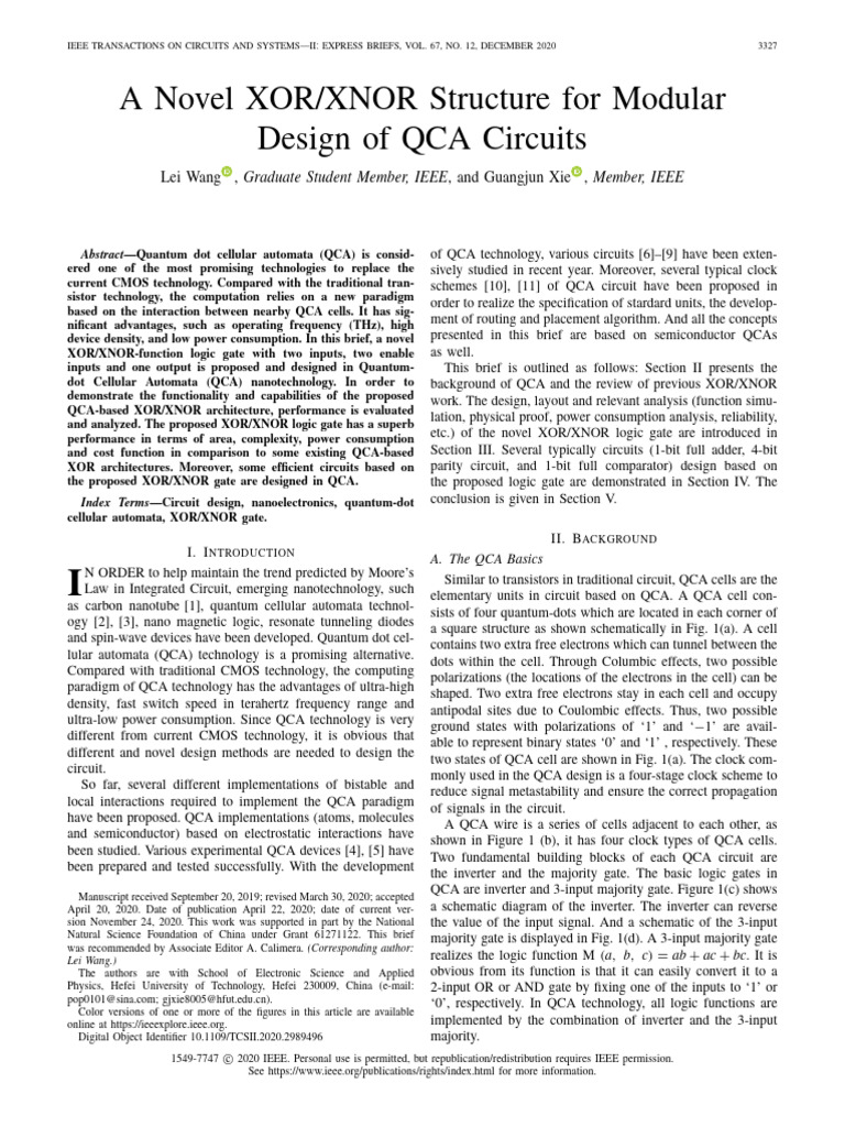 A Novel XOR XNOR Structure For Modular Design of QCA Circuits | PDF ...