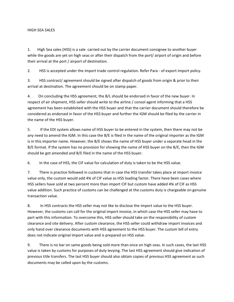 High Sea Sales Invoice Services (Economics)