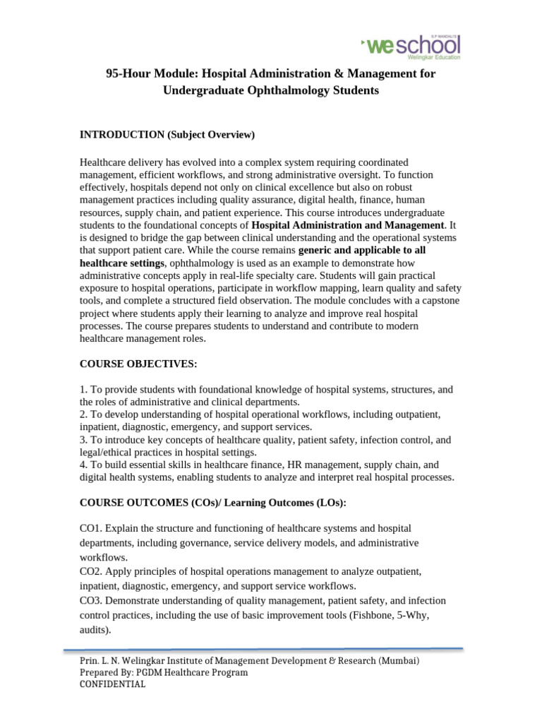 Hospital Administration Ophthalmology Module | PDF | Hospital | Health Care